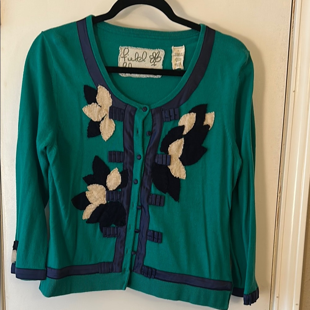 Anthropologie Green and Blue Cardigan Sweater with Vintage Charm